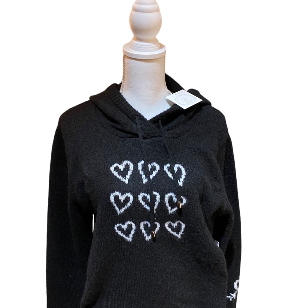 Cupcakes & Cashmere large black sweater with hoodie & 9 white ❤️on front ( NWT) - Picture 9 of 13